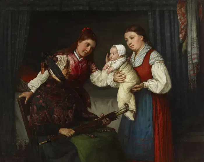 Framed Print : Presenting the Baby, 1875. Creator: Adolf von Becker Framed Print : Presenting the Baby, 1875. Creator: Adolf von Becker