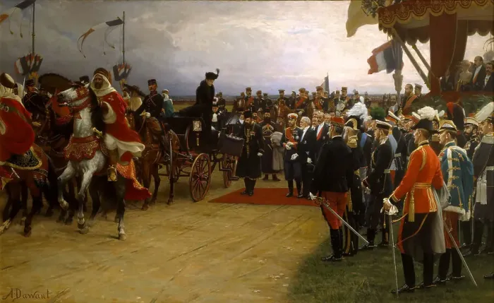 Framed Print : President Emile Loubet Welcoming Tsar Nicolas II and Tsarina Alexandra to the Manoeuvres at Betheny, Artist: Dawant (1852-1923) Framed Print : President Emile Loubet Welcoming Tsar Nicolas II and Tsarina Alexandra to the Manoeuvres at Betheny, Artist: Dawant (1852-1923)