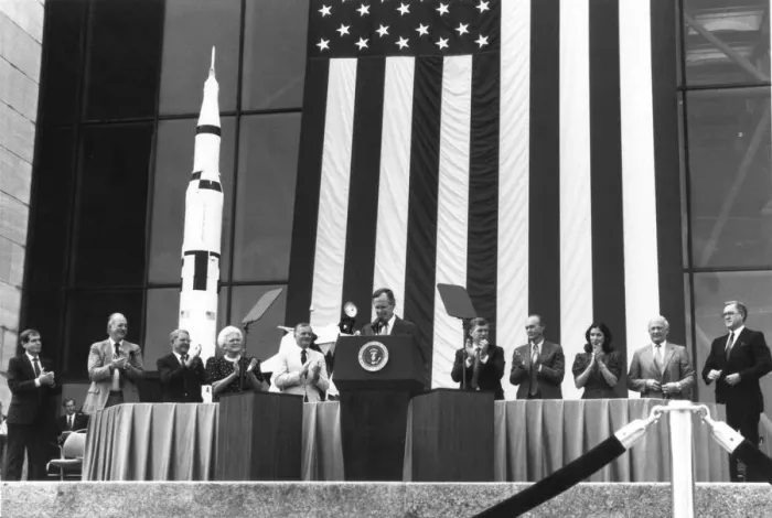 Framed Print : President George Bush and Apollo 11 Astronauts, Washington D. C. USA, 1989. Creator: NASA Framed Print : President George Bush and Apollo 11 Astronauts, Washington D. C. USA, 1989. Creator: NASA