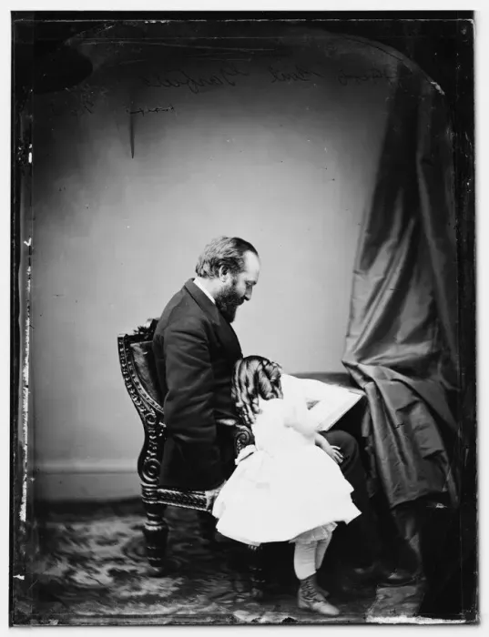 Framed Print : President James A. Garfield & daughter, between 1860 and 1875. Creator: Unknown Framed Print : President James A. Garfield & daughter, between 1860 and 1875. Creator: Unknown
