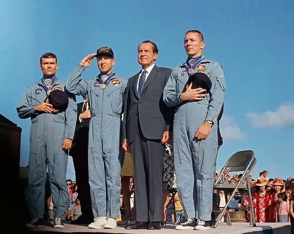 President Nixon and Apollo 13 crewmen at Hickam Air Force Base, Hawaii, USA