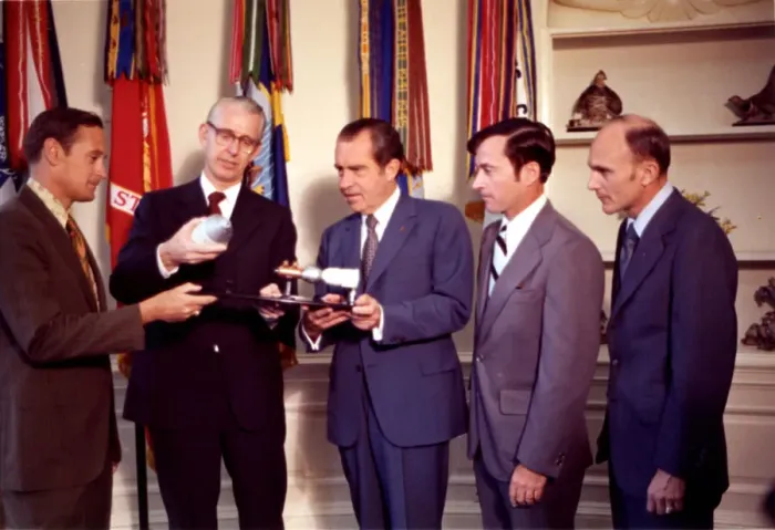Framed Print : President Nixon with Dr. James Fletcher and Apollo 16 Astronauts, 1972. Creator: NASA Framed Print : President Nixon with Dr. James Fletcher and Apollo 16 Astronauts, 1972. Creator: NASA