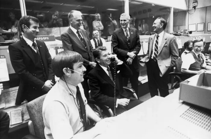 Framed Print : President Reagan at Mission Control, Houston, 1981. Creator: NASA Framed Print : President Reagan at Mission Control, Houston, 1981. Creator: NASA