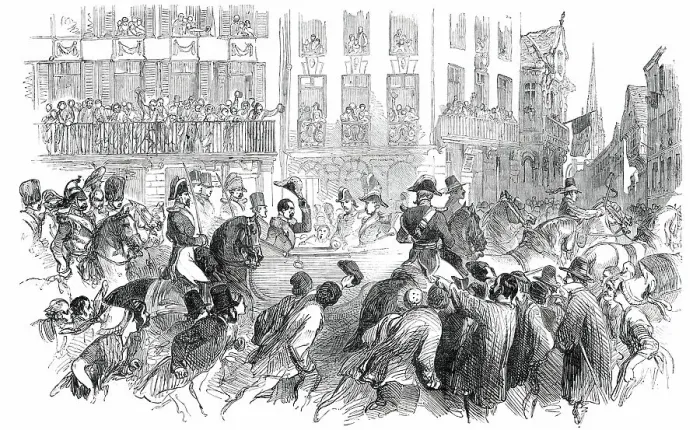 Framed Print : The President in the Rue St. Jean, at Caen, 1850. Creator: Unknown