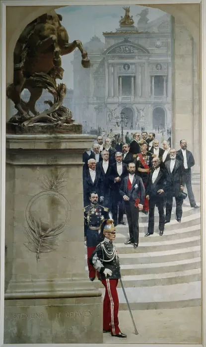 Framed Print : President Sadi Carnot surrounded by personalities from the Third Republic, in front... c1889. Creators: Alfred Stevens, Henri Gervex Framed Print : President Sadi Carnot surrounded by personalities from the Third Republic, in front... c1889. Creators: Alfred Stevens, Henri Gervex