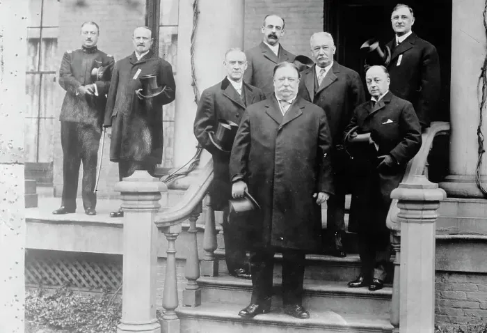 Framed Print : President Taft, Sec'y Knox at home of Ansley Wilcox, Buffalo, 1910. Creator: Bain News Service Framed Print : President Taft, Sec'y Knox at home of Ansley Wilcox, Buffalo, 1910. Creator: Bain News Service