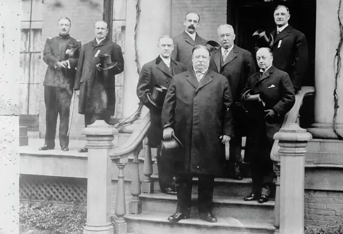 Framed Print : President Taft, Sec'y Knox at home of Ansley Wilcox, Buffalo, 1905. Creator: Bain News Service Framed Print : President Taft, Sec'y Knox at home of Ansley Wilcox, Buffalo, 1905. Creator: Bain News Service