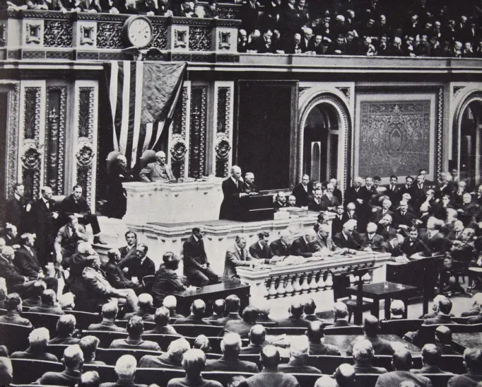 Framed Print : President Wilson in Congress recommending the US enter the war against Germany, 1917 Framed Print : President Wilson in Congress recommending the US enter the war against Germany, 1917