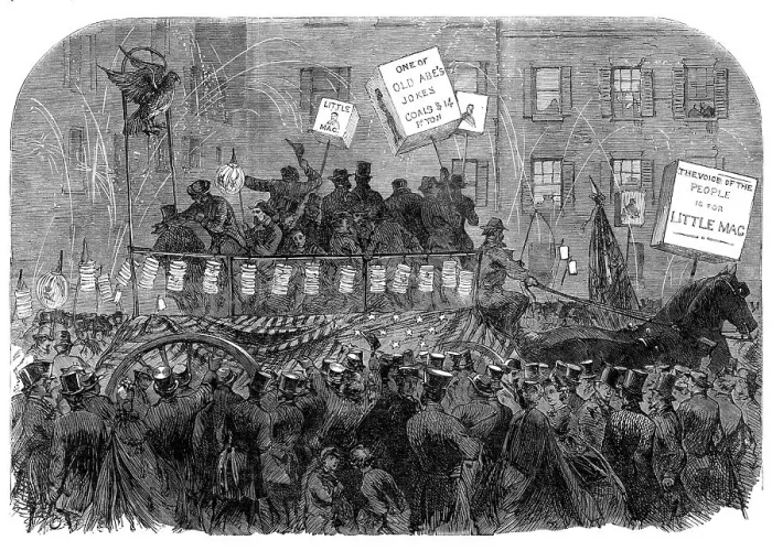 Framed Print : Presidential electioneering in New York: torchlight procession of the M'Clellan party, 1864. Creator: Unknown Framed Print : Presidential electioneering in New York: torchlight procession of the M'Clellan party, 1864. Creator: Unknown