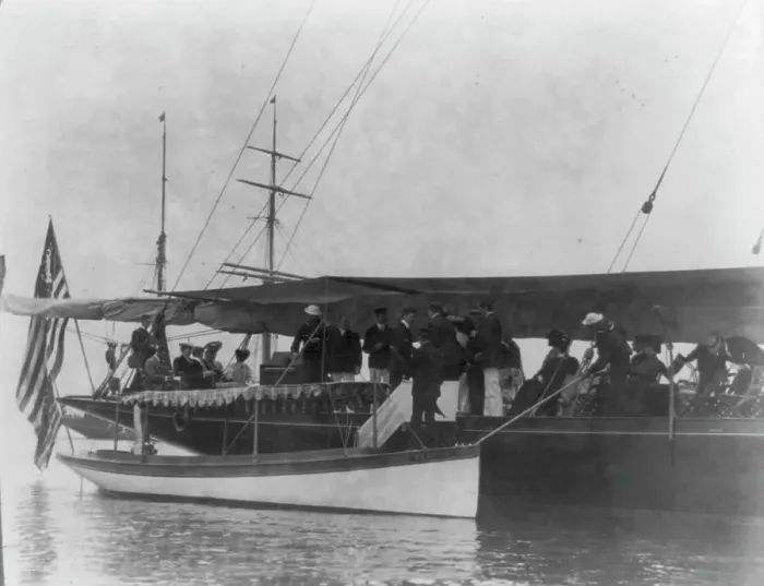 Framed Print : Presidential yacht at Oyster Bay, L.I. 1905: guests boarding from launch, 1905. Creator: Frances Benjamin Johnston Framed Print : Presidential yacht at Oyster Bay, L.I. 1905: guests boarding from launch, 1905. Creator: Frances Benjamin Johnston