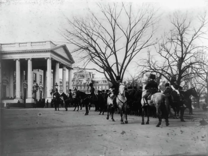 Framed Print : The President's own in waiting as escort at the White House, between 1889 and 1906. Creator: Frances Benjamin Johnston. The President's own in waiting as escort at the White House, between 1889 and 1906 Framed Print : The President's own in waiting as escort at the White House, between 1889 and 1906. Creator: Frances Benjamin Johnston. The President's own in waiting as escort at the White House, between 1889 and 1906