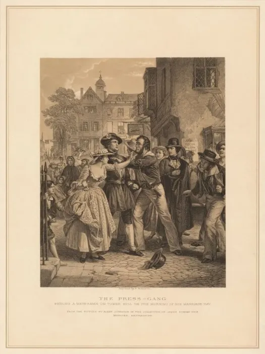 Framed Print : The Press-Gang: Seizing a Waterman on Tower Hill on the Morning of His Marriage, (1878). Artists: Alexander Johnston, Robert Anderson Framed Print : The Press-Gang: Seizing a Waterman on Tower Hill on the Morning of His Marriage, (1878). Artists: Alexander Johnston, Robert Anderson