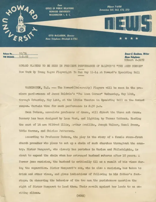 Framed Print : Press release from Howard University for the premiere of The Amen Corner Framed Print : Press release from Howard University for the premiere of The Amen Corner