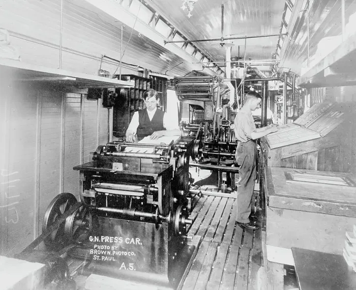Framed Print : Press room on press car, 1913. Creator: Bain News Service Framed Print : Press room on press car, 1913. Creator: Bain News Service