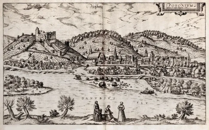 Framed Print : Pressburg (Bratislava). From: Civitates orbis terrarium), 1588. Artist: Braun, Georg (1541-1622) Framed Print : Pressburg (Bratislava). From: Civitates orbis terrarium), 1588. Artist: Braun, Georg (1541-1622)