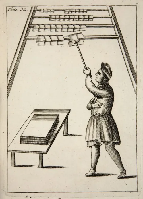 Framed Print : The Pressman Hanging Paper, pub. 1683 (engraving). Creator: English School (17th Century) Framed Print : The Pressman Hanging Paper, pub. 1683 (engraving). Creator: English School (17th Century)