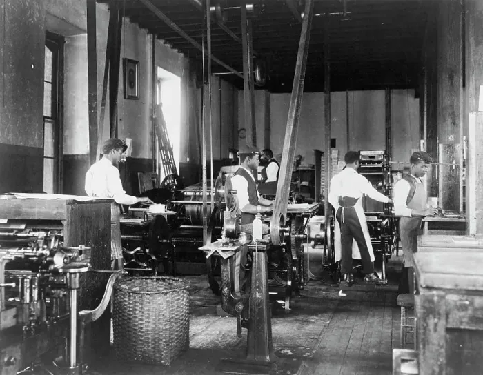 Framed Print : Pressmen at work in printing shop, Hampton Institute, Hampton, Virginia, 1899 or1900. Creator: Frances Benjamin Johnston Framed Print : Pressmen at work in printing shop, Hampton Institute, Hampton, Virginia, 1899 or1900. Creator: Frances Benjamin Johnston