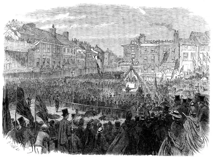 Framed Print : The Preston Guild Festival: the mayor laying the foundation-stone of the...new townhall, 1862. Creator: E. Skill Framed Print : The Preston Guild Festival: the mayor laying the foundation-stone of the...new townhall, 1862. Creator: E. Skill