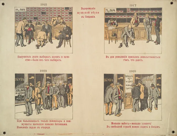 Framed Print : Price increase of men's shoes in Sovdepien (White Guard poster), c.1919. Creator: Unknown artist Framed Print : Price increase of men's shoes in Sovdepien (White Guard poster), c.1919. Creator: Unknown artist