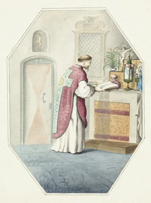 Framed Print : Priest at an altar, 1657. Creator: Gesina ter Borch Framed Print : Priest at an altar, 1657. Creator: Gesina ter Borch