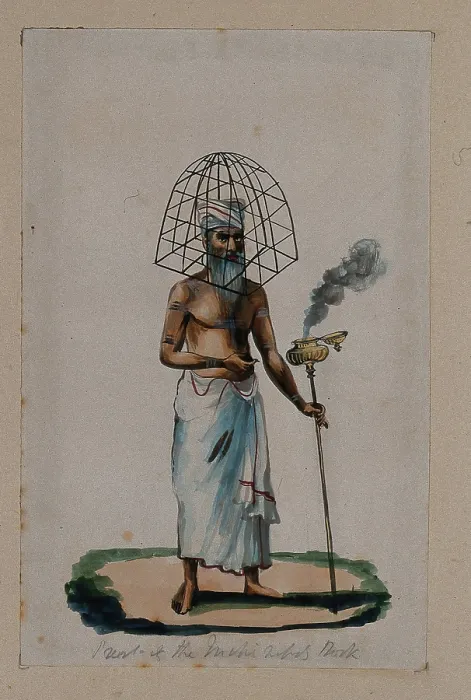 Framed Print : A priest with a protective cage (?) covering his head, holding a stick... (between 1800 and 1899?). Creator: Unknown Framed Print : A priest with a protective cage (?) covering his head, holding a stick... (between 1800 and 1899?). Creator: Unknown
