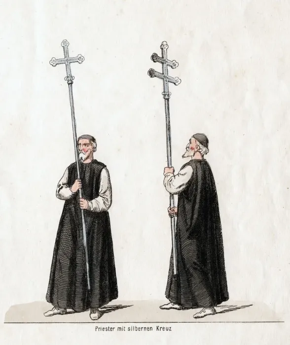 Framed Print : Priest with silver cross, costume design for Shakespeares play, Henry VIII, 19th century Framed Print : Priest with silver cross, costume design for Shakespeares play, Henry VIII, 19th century