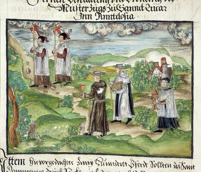 Framed Print : Priests and monks carrying banners, chalice, service books... 1560-1632. Creator: Unknown Framed Print : Priests and monks carrying banners, chalice, service books... 1560-1632. Creator: Unknown