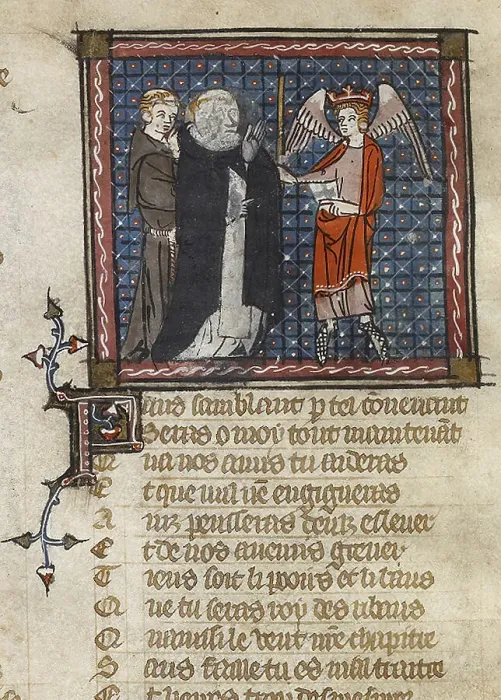 Framed Print : Priests and winged figure, mid 14th century. Creator: Unknown Framed Print : Priests and winged figure, mid 14th century. Creator: Unknown