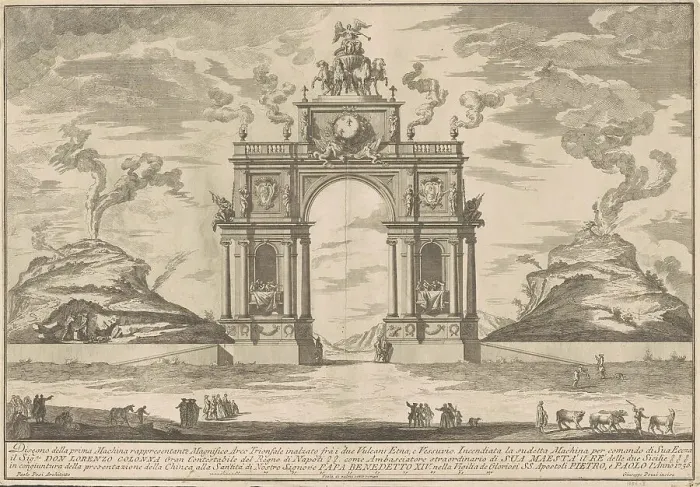 Framed Print : The Prima Macchina for the Chinea of 1756: A Triumphal Arch between Mount Etna... 1756. Creator: Giuseppe Pozzi Framed Print : The Prima Macchina for the Chinea of 1756: A Triumphal Arch between Mount Etna... 1756. Creator: Giuseppe Pozzi