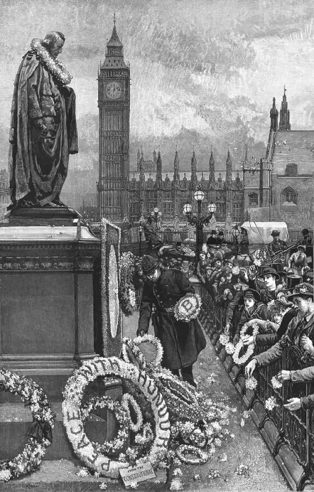 Framed Print : Primrose Day at Westminster - Tributes to the memory of Lord Beaconsfield, 1886. Creator: Unknown
