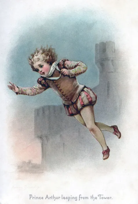 Framed Print : Prince Arthur leaping from the Tower, 1897. Artist: Frances Brundage Framed Print : Prince Arthur leaping from the Tower, 1897. Artist: Frances Brundage