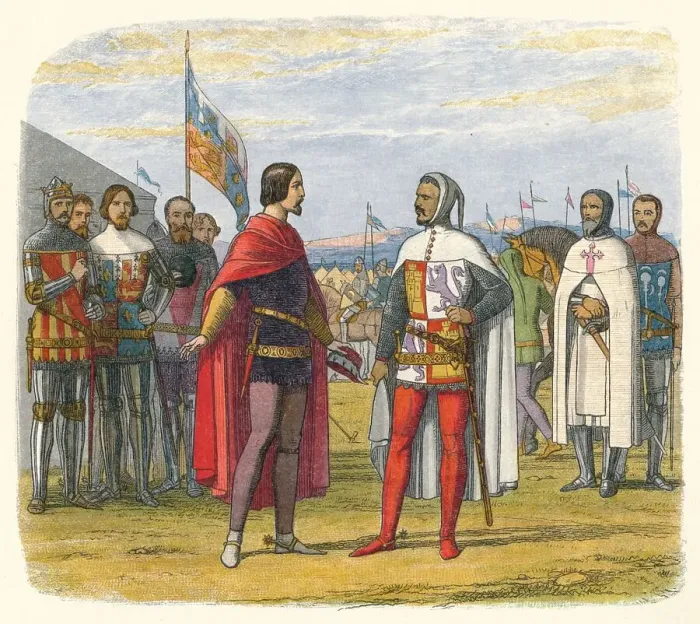 Framed Print : The prince extorts an amnesty from Pedro the Cruel, 1367 (1864). Artist: James William Edmund Doyle Framed Print : The prince extorts an amnesty from Pedro the Cruel, 1367 (1864). Artist: James William Edmund Doyle