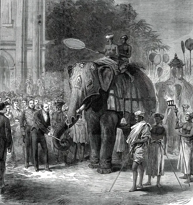 Framed Print : The Prince giving sugar-cane to the elephants at the rehearsal of the Perahara, Kandy... 1876. Creator: Unknown Framed Print : The Prince giving sugar-cane to the elephants at the rehearsal of the Perahara, Kandy... 1876. Creator: Unknown