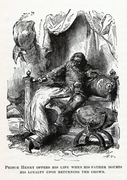 Framed Print : Prince Henry offers his life when his father doubts his loyalty upon returning the crown, 1882. Artist: Anonymous Framed Print : Prince Henry offers his life when his father doubts his loyalty upon returning the crown, 1882. Artist: Anonymous