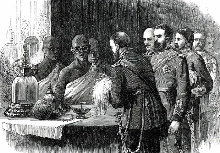 Framed Print : The Prince inspecting the Sacred Tooth, Kandy, from a sketch by one of our special artists, 1876. Creator: Unknown Framed Print : The Prince inspecting the Sacred Tooth, Kandy, from a sketch by one of our special artists, 1876. Creator: Unknown