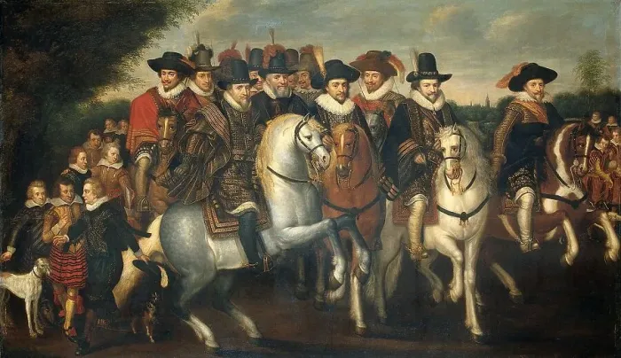 Framed Print : Prince Maurice Accompanied by his two Brothers, Frederick V, Elector Palatine, and Counts... c.1625 Creator: Follower of Adriaen Pietersz van de Venne Framed Print : Prince Maurice Accompanied by his two Brothers, Frederick V, Elector Palatine, and Counts... c.1625 Creator: Follower of Adriaen Pietersz van de Venne