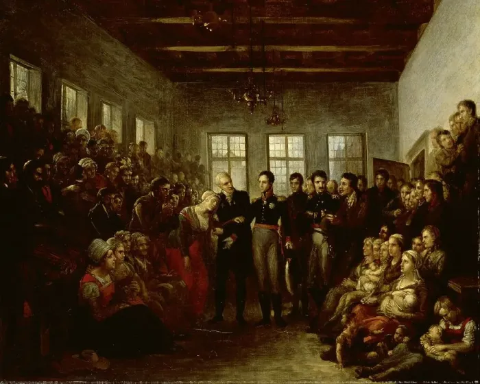 Framed Print : The Prince of Orange Visititing Flood Victims at the Almoners Orphanage, Amsterdam, on 14 February 1 Creators: Mathieu Van Brée, William II, King of the Netherlands