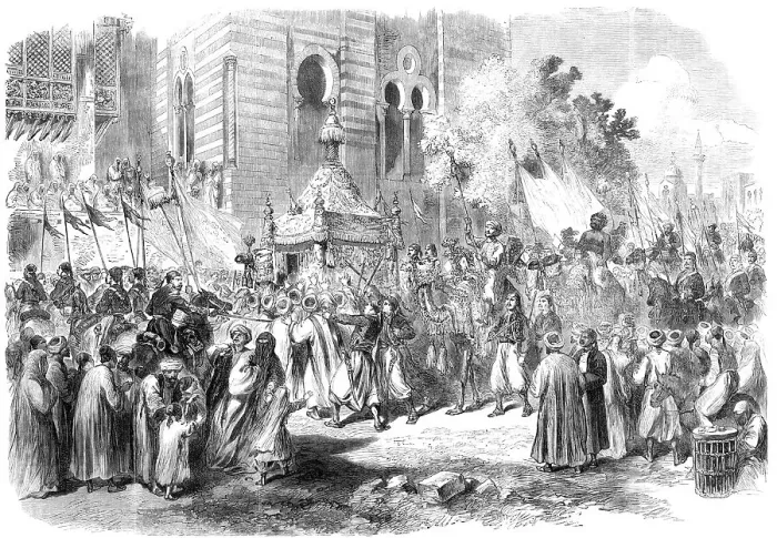 Framed Print : The Prince and Princess of Wales in Egypt: procession of the Holy Carpet at Cairo, 1869. Creator: Unknown Framed Print : The Prince and Princess of Wales in Egypt: procession of the Holy Carpet at Cairo, 1869. Creator: Unknown