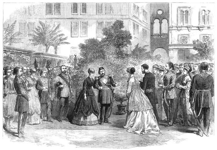 Framed Print : The Prince and Princess of Wales in Egypt:Viceroy introducing Mrs. Stanton to the Princess, 1869. Creator: Unknown Framed Print : The Prince and Princess of Wales in Egypt:Viceroy introducing Mrs. Stanton to the Princess, 1869. Creator: Unknown