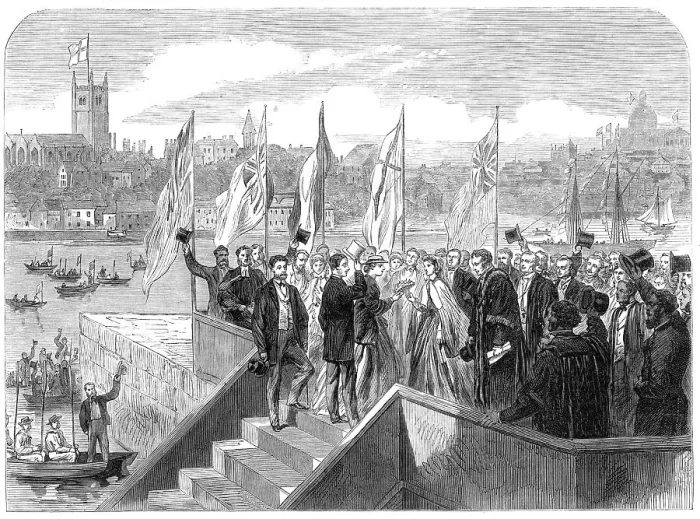 Framed Print : The Prince and Princess of Wales landing at Penzance, 1865. Creator: Unknown