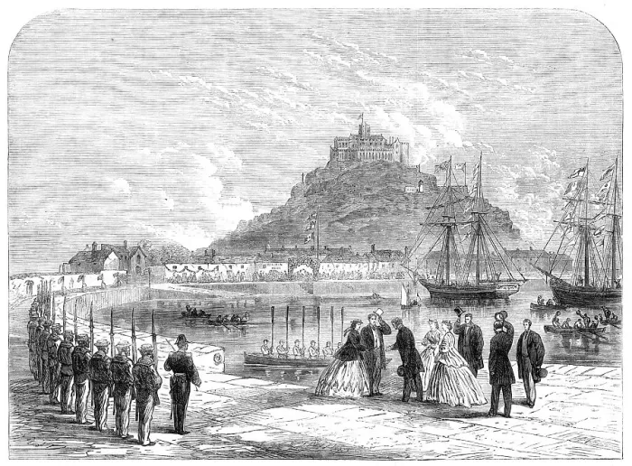 Framed Print : The Prince and Princess of Wales landing at St. Michael's Mount, 1865. Creator: Unknown Framed Print : The Prince and Princess of Wales landing at St. Michael's Mount, 1865. Creator: Unknown