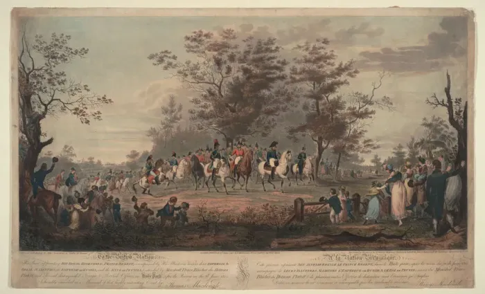 Framed Print : Prince Regent, William III of Prussia, Alexander I, General Blucher and Hetman Platov review troops Artist: Sauerweid, Alexander Ivanovich (1783-1844) Framed Print : Prince Regent, William III of Prussia, Alexander I, General Blucher and Hetman Platov review troops Artist: Sauerweid, Alexander Ivanovich (1783-1844)