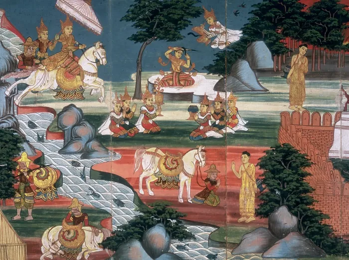 Framed Print : Prince Siddhattha cuts off his hair at the Anoma river... c1800-1820. Creator: Unknown Framed Print : Prince Siddhattha cuts off his hair at the Anoma river... c1800-1820. Creator: Unknown
