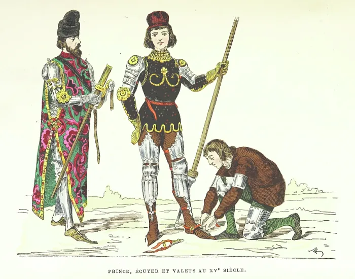 Framed Print : Prince, squire and servants in the 15th century, (1882). Creator: Unknown Framed Print : Prince, squire and servants in the 15th century, (1882). Creator: Unknown