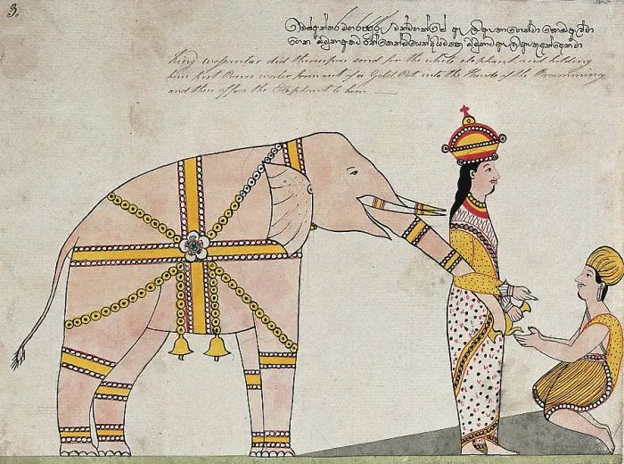 Framed Print : Prince Vessantara offers an elephant to the seven brahmins from Kalinga, 1815. Creator: Unknown Framed Print : Prince Vessantara offers an elephant to the seven brahmins from Kalinga, 1815. Creator: Unknown