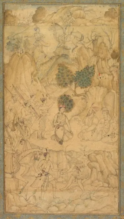 Framed Print : A Prince Visiting a Holy Man in a Rocky Landscape, c. 1590. Creator: Unknown Framed Print : A Prince Visiting a Holy Man in a Rocky Landscape, c. 1590. Creator: Unknown