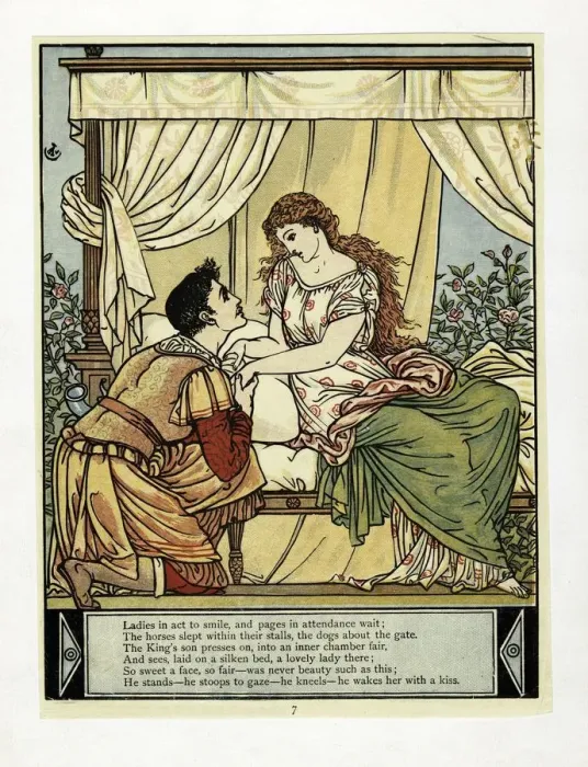 Framed Print : The Prince wakes Beauty, from The Blue Beard Picture Book, pub. 1879 (colour lithograph), 1879 Framed Print : The Prince wakes Beauty, from The Blue Beard Picture Book, pub. 1879 (colour lithograph), 1879