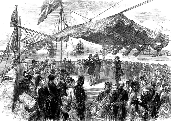 Framed Print : The Prince of Wales on the breakwater at Holyhead, opening the new harbour of refuge, 1873. Creator: Unknown Framed Print : The Prince of Wales on the breakwater at Holyhead, opening the new harbour of refuge, 1873. Creator: Unknown