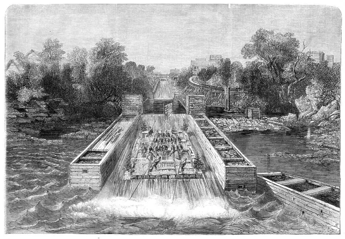 Framed Print : The Prince of Wales in Canada - His Royal Highness descending a timber-slide at Ottawa... 1860. Creator: Unknown Framed Print : The Prince of Wales in Canada - His Royal Highness descending a timber-slide at Ottawa... 1860. Creator: Unknown
