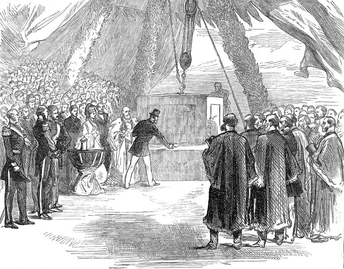 Framed Print : The Prince of Wales fixing the last stone of the Portland Breakwater, 1872. Creator: Unknown Framed Print : The Prince of Wales fixing the last stone of the Portland Breakwater, 1872. Creator: Unknown